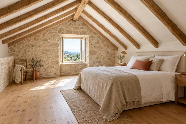 Chambre sous combles d’une maison rurale avec chevrons apparents, plafond chaulé et petite fenêtre dans le pignon en pierre