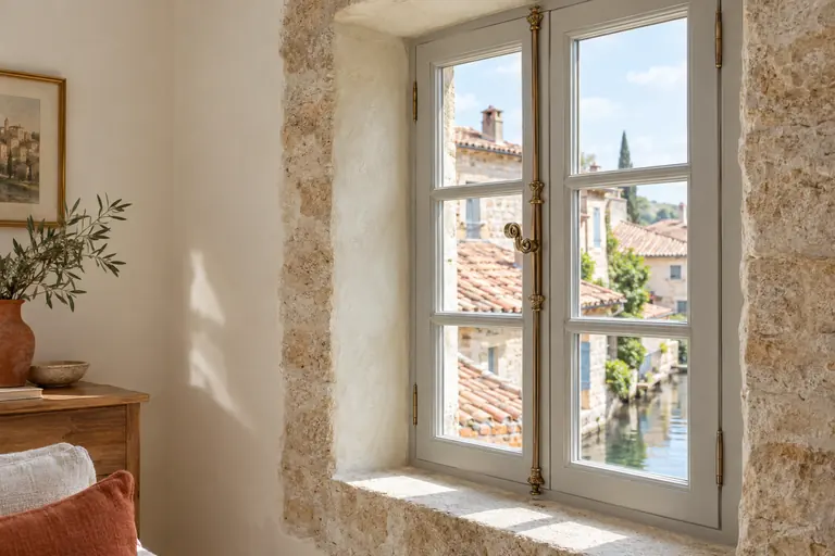 Gros plan sur une fenêtre ancienne restaurée à petits bois avec crémone traditionnelle dans un mur épais enduit à la chaux