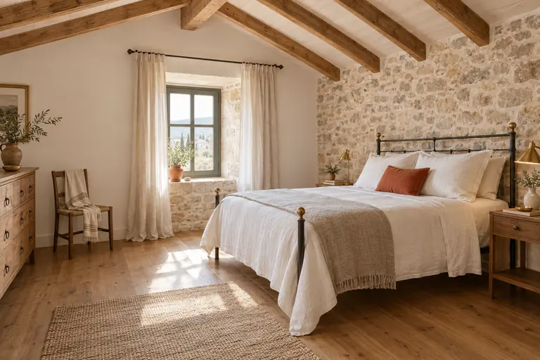 Chambre à l’étage d’une maison de village restaurée avec vieux parquet huilé, chevrons apparents et mur en pierre rejointoyé