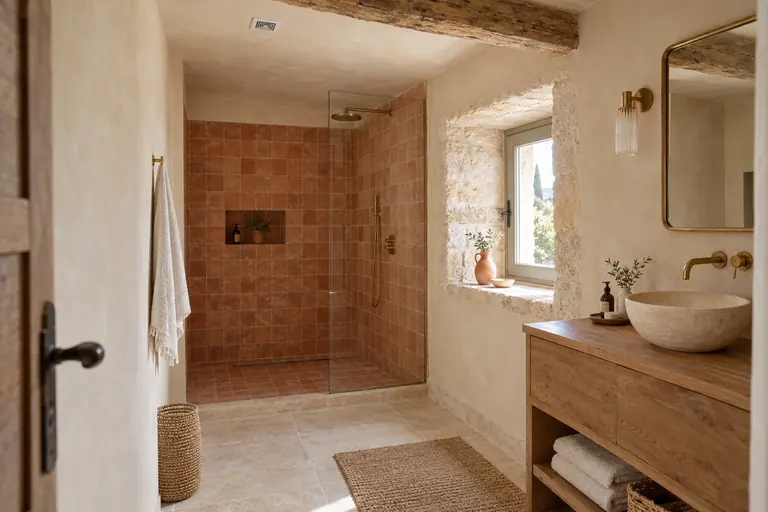 Salle de bain d’une maison ancienne avec enduit chaux sable, douche en carreaux de terre cuite et bouche de ventilation