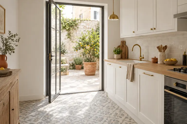 Petite cuisine de maison de ville ouverte par une large porte vitrée sur une courette pavée avec un citronnier en pot