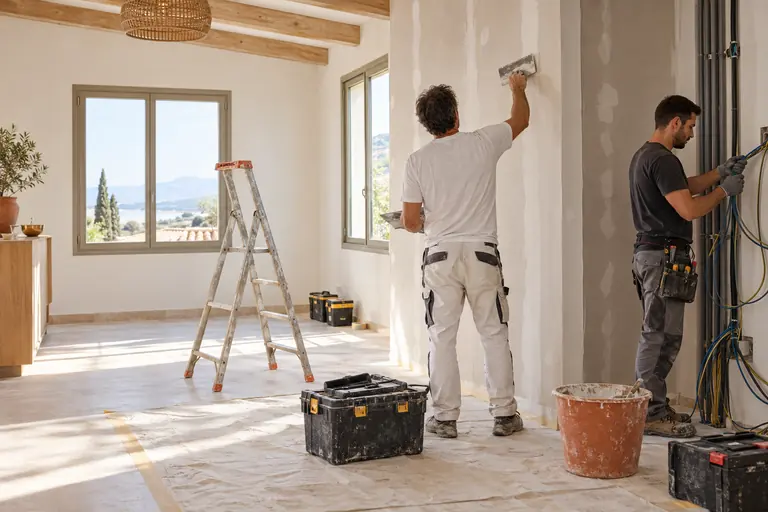 Plaquiste de dos et électricien de profil travaillant ensemble dans une pièce en rénovation aux fenêtres déjà remplacées