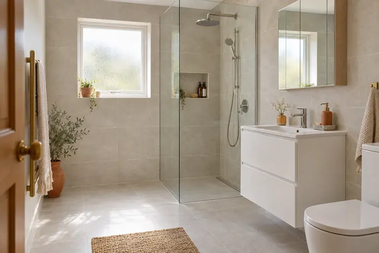 Salle de bain de pavillon rénovée avec douche de plain-pied à la place de la baignoire et grands carreaux gris clair