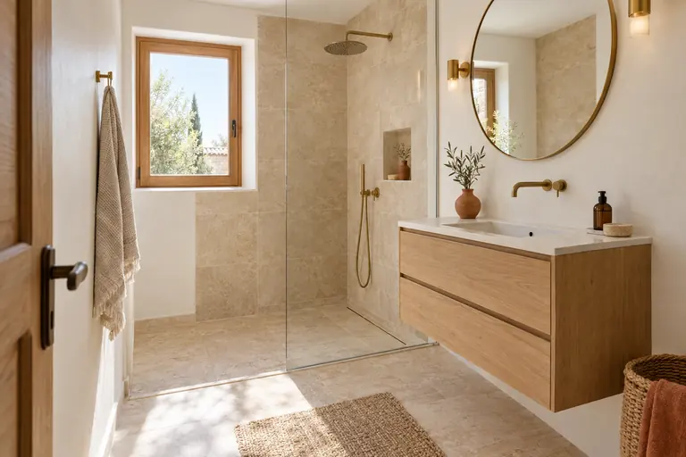 Petite salle de bain rénovée avec douche de plain-pied, carrelage couleur sable et meuble vasque suspendu en bois clair
