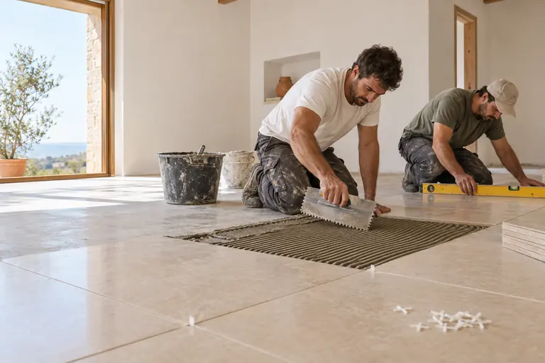Deux carreleurs de profil posant de grands carreaux beiges sur une chape neuve dans une pièce en rénovation