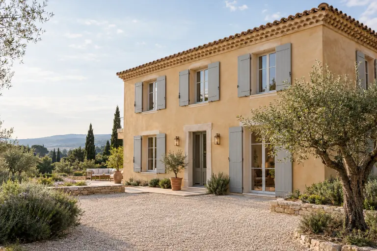 Maison varoise rénovée avec enduit ocre, volets gris clair neufs, toiture en tuiles canal et génoise, olivier devant