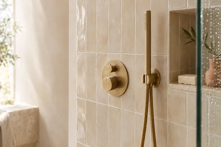 Gros plan sur un mitigeur thermostatique encastré et une pomme de douche murale posés sur une faïence artisanale couleur sable