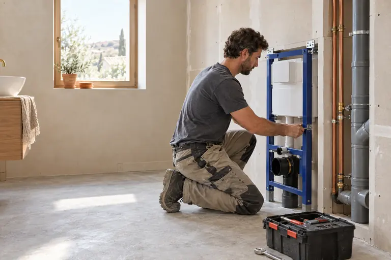Plombier de profil fixant le bâti d’un WC suspendu contre une cloison, tuyaux d’évacuation et alimentations visibles dans la pièce en travaux