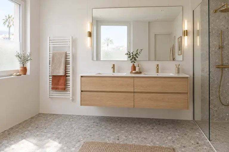 Salle de bain d’appartement rénovée avec double meuble vasque suspendu en chêne clair, grand miroir, faïence blanche mate et sèche-serviettes