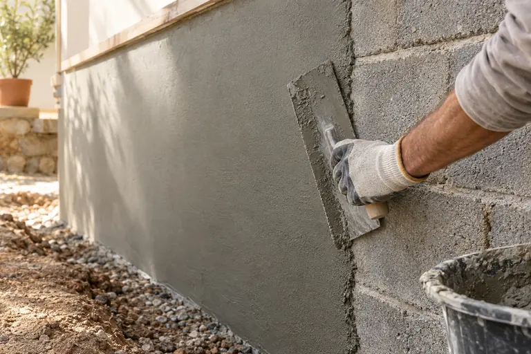 Gros plan sur une taloche appliquant un enduit hydrofuge gris sur un mur enterré de sous-sol, à côté des parpaings bruts
