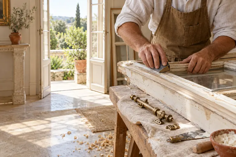 Mains d’un artisan restaurant une fenêtre en bois d’origine d’une villa du XIXe siècle, crémone ancienne déposée sur l’établi