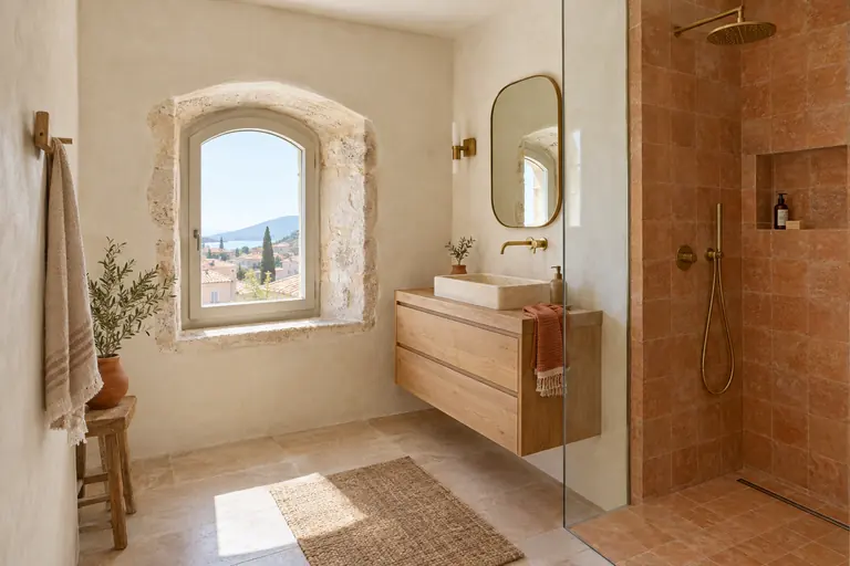 Salle d’eau créée à l’étage d’une maison de la vieille ville d’Hyères, murs à la chaux et petite fenêtre cintrée