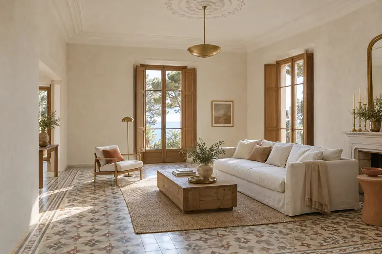 Salon d’une villa ancienne de Tamaris rénové, carreaux de ciment d’origine, rosace restaurée et hautes fenêtres en bois