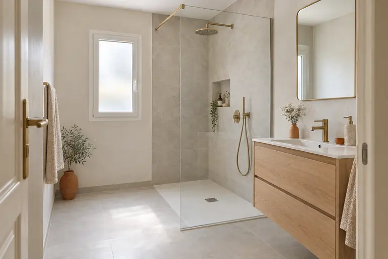 Salle de bain d’appartement des années 70 à Toulon, douche à l’italienne à la place de la baignoire et meuble en chêne clair