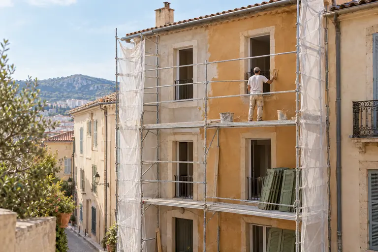 Façade d’une maison de ville à Toulon en rénovation, échafaudage et artisan de dos appliquant un enduit ocre à la chaux