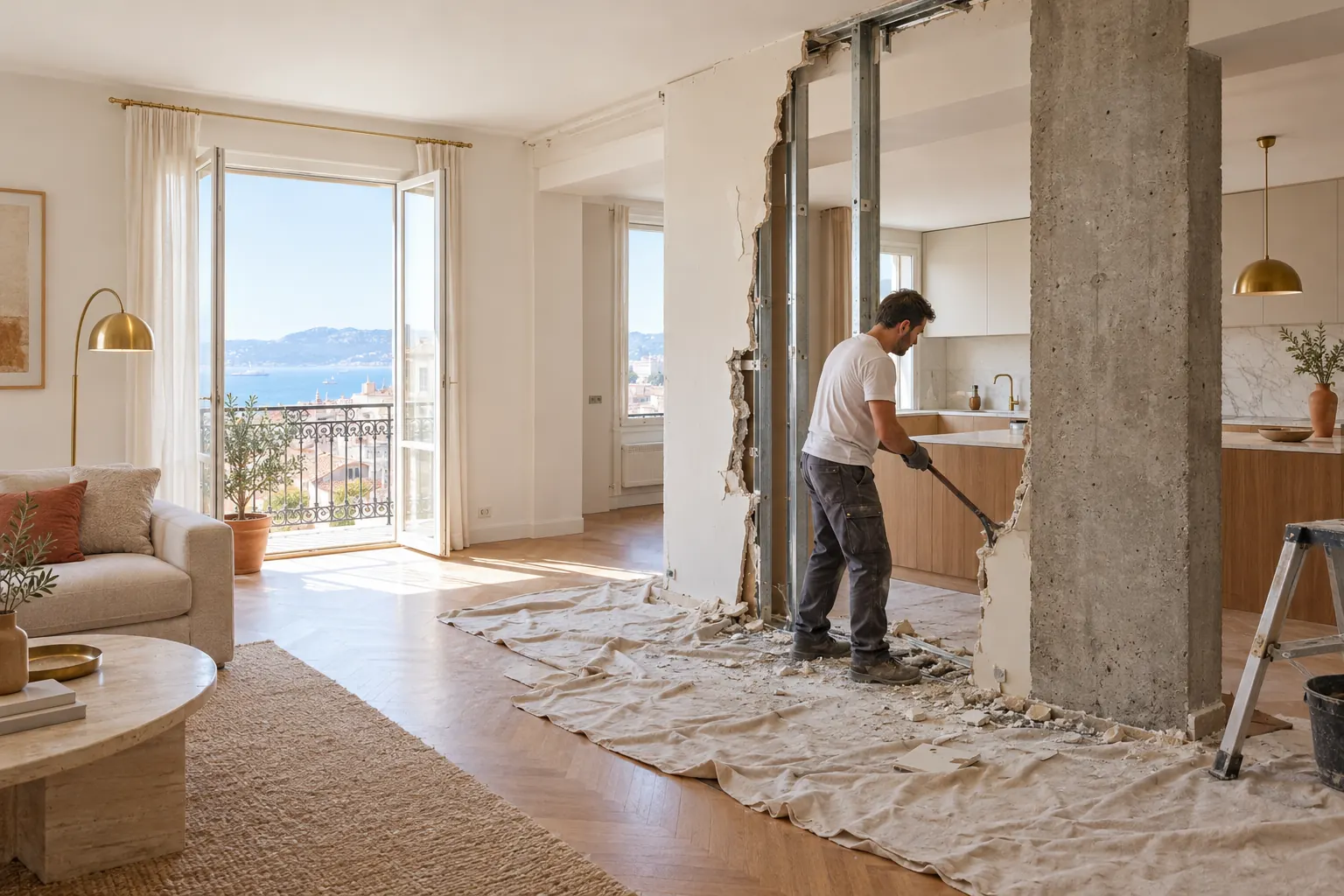 Ouvrier de profil démolissant une cloison entre cuisine et séjour dans un appartement, à côté d’un refend en béton conservé