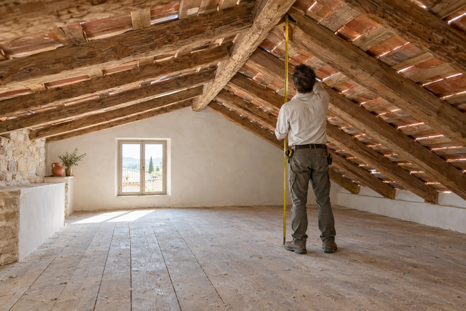Artisan de dos mesurant la hauteur sous faîtage dans des combles à charpente traditionnelle, pannes et chevrons apparents au-dessus d’un vieux plancher