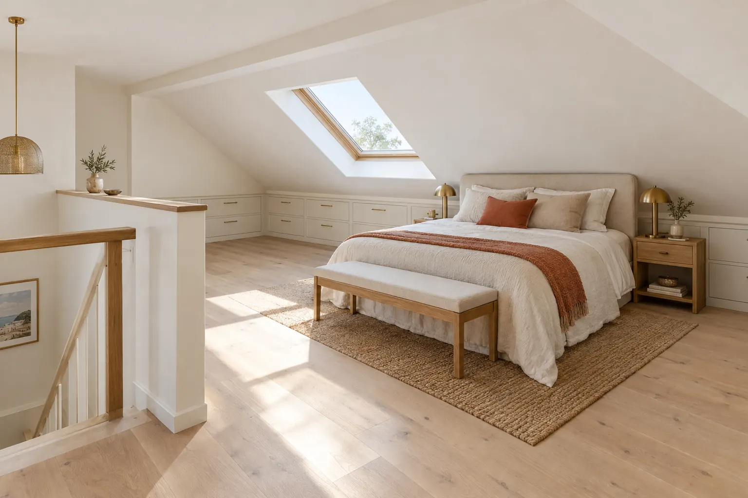 Chambre aménagée sous les rampants avec tiroirs intégrés dans les parties basses, tête de lit côté bas et fenêtre de toit