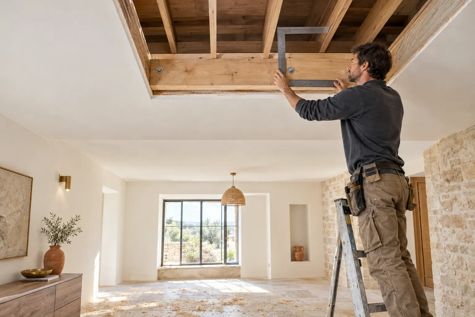 Trémie ouverte dans un plancher pour un escalier de combles, chevêtre en bois fixé aux solives coupées, charpentier de profil vérifiant l’équerrage