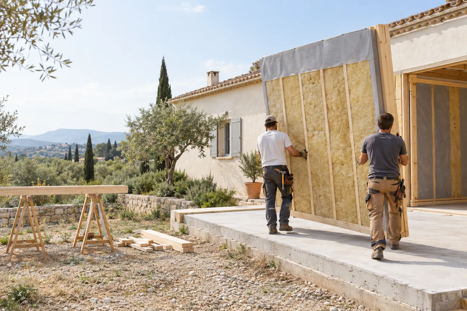Deux charpentiers de dos levant un panneau d’ossature bois isolé sur une dalle béton, à côté d’une maison provençale enduite