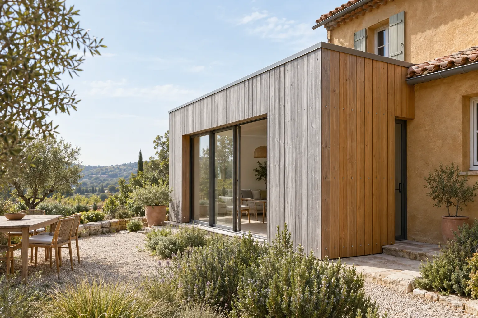 Extension en bardage mélèze vertical grisé au soleil côté sud, accolée à une maison enduite ocre couverte de tuiles canal