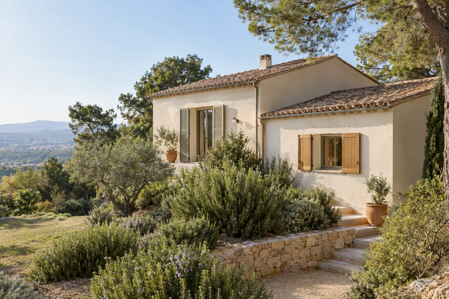 Chambre en extension côté est d’une maison sur terrain en pente, quelques marches plus bas, enduit crème et volets bois