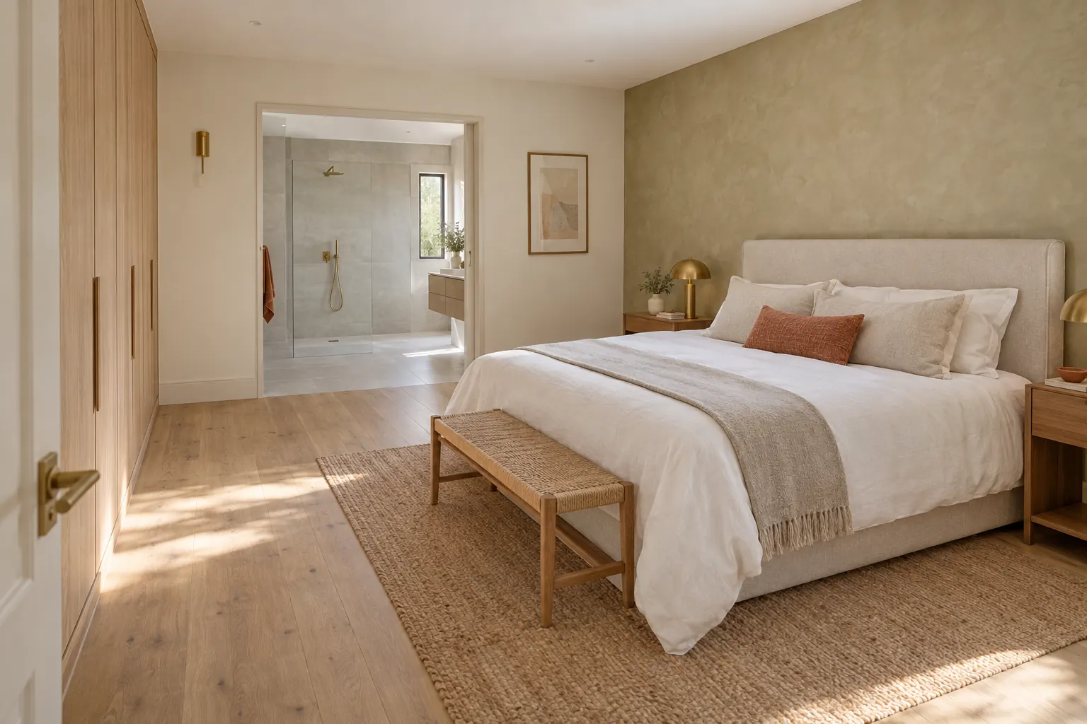 Suite parentale en extension avec lit, dressing en bois clair et salle d’eau attenante avec douche de plain-pied