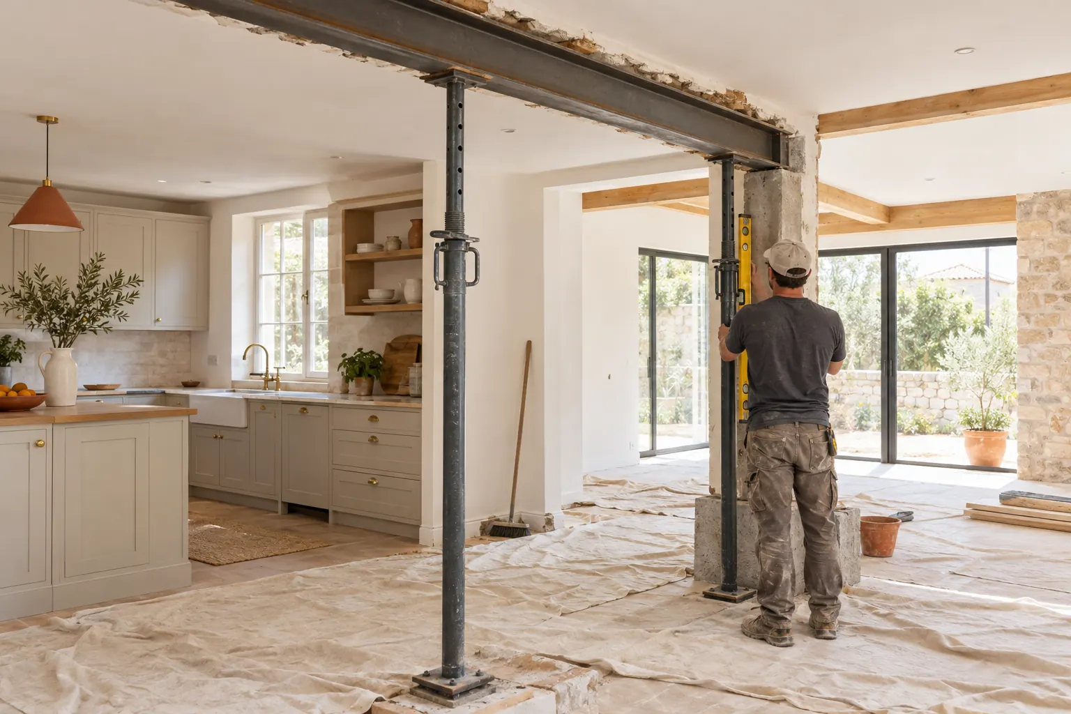 Mur porteur ouvert entre une ancienne cuisine et son extension, étais métalliques et poutre en acier posée sur ses appuis