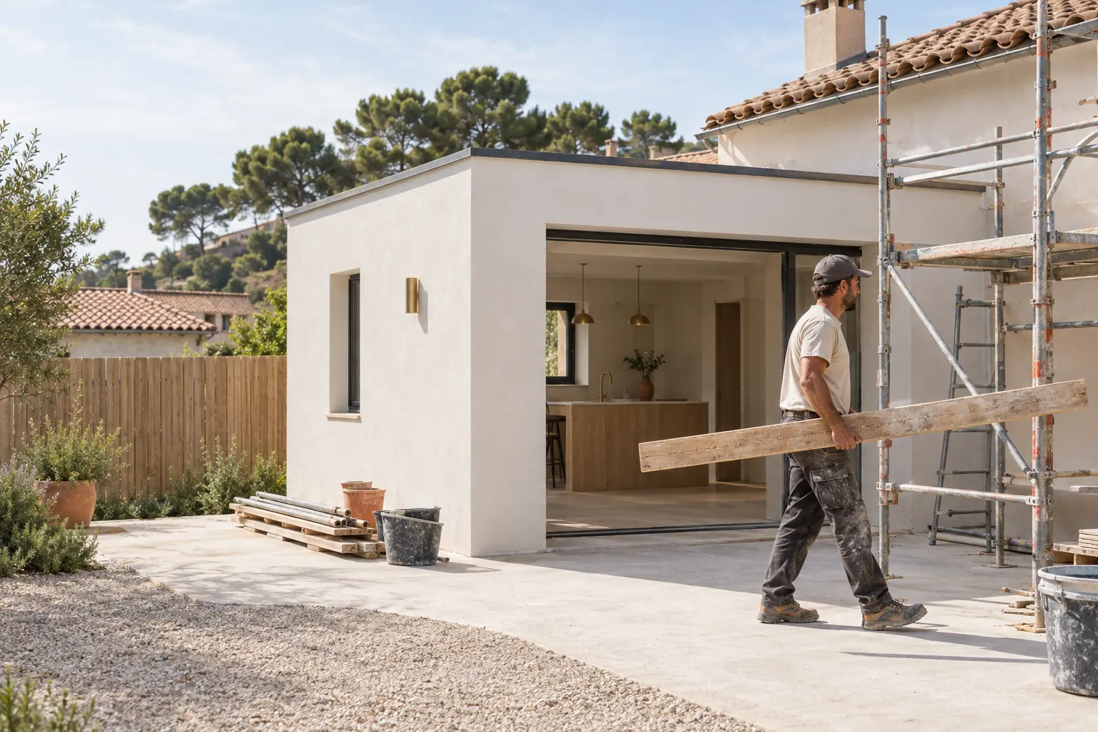 Extension de cuisine à toit plat en fin de chantier à l’arrière d’une maison des années 70, enduit blanc neuf et échafaudage