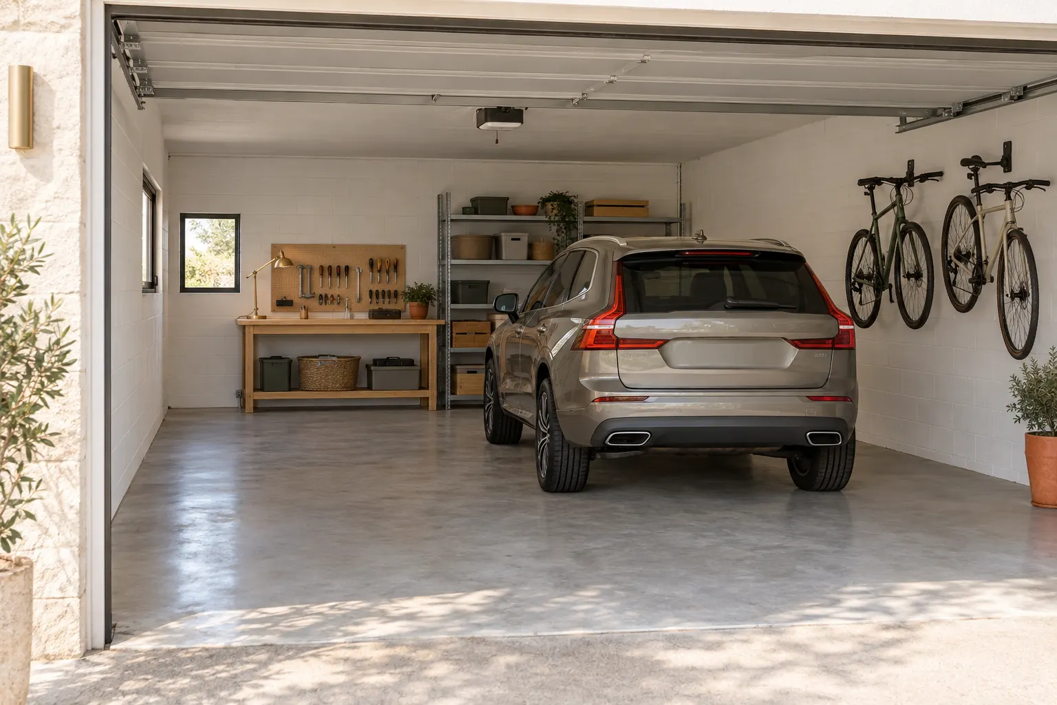 Garage accolé neuf avec SUV garé, établi en bois et étagères au fond, vélos suspendus et sol en béton lissé