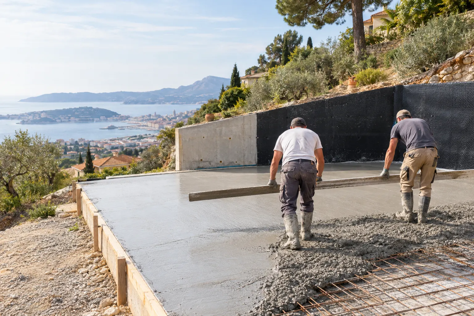 Ouvriers de dos tirant à la règle le béton frais d’une dalle de garage, mur de soutènement étanché côté amont du terrain