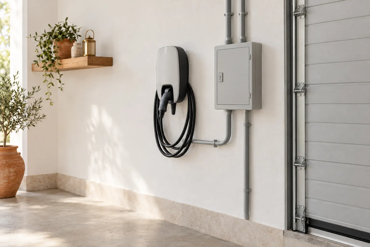 Borne de recharge murale et petit tableau électrique dans un garage, gaines grises alignées sur mur blanc et porte sectionnelle claire