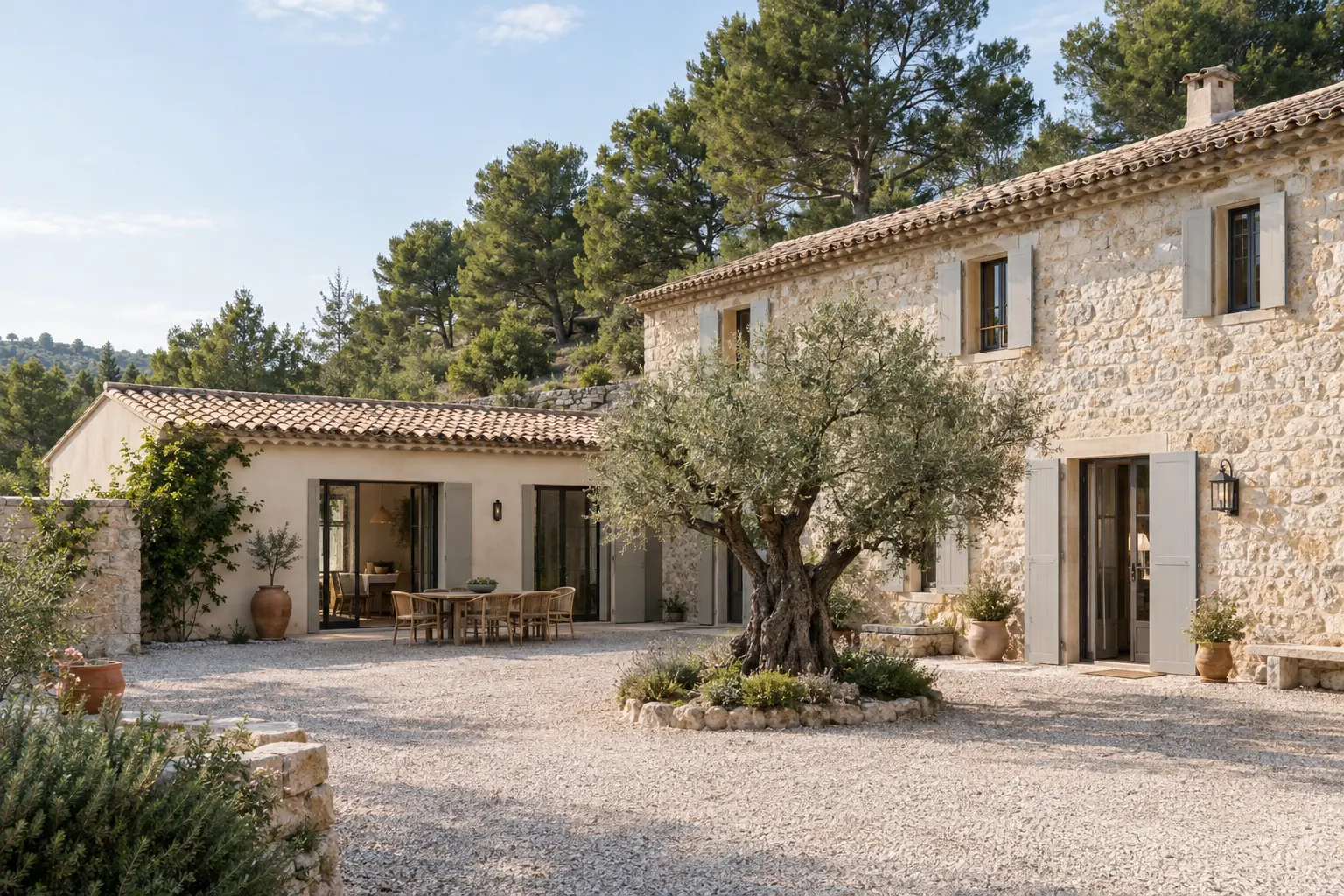 Maison rurale en pierre tout en longueur prolongée par une aile en retour d’équerre formant une cour avec un olivier