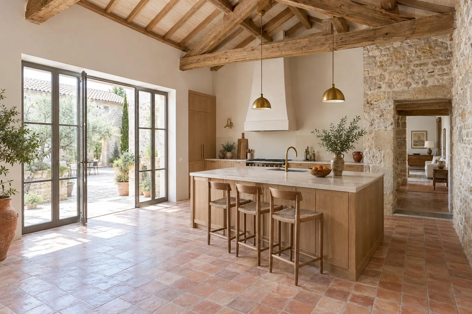 Cuisine ouverte dans l’extension d’une maison rurale, charpente apparente, tomettes et grandes baies vitrées sur la cour
