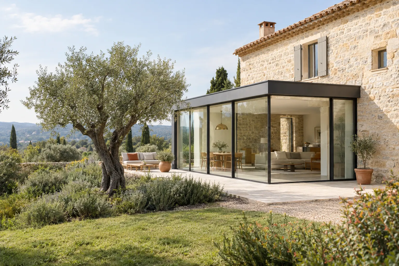 Maison ancienne en pierre prolongée par une extension contemporaine vitrée à toit plat et structure acier sombre