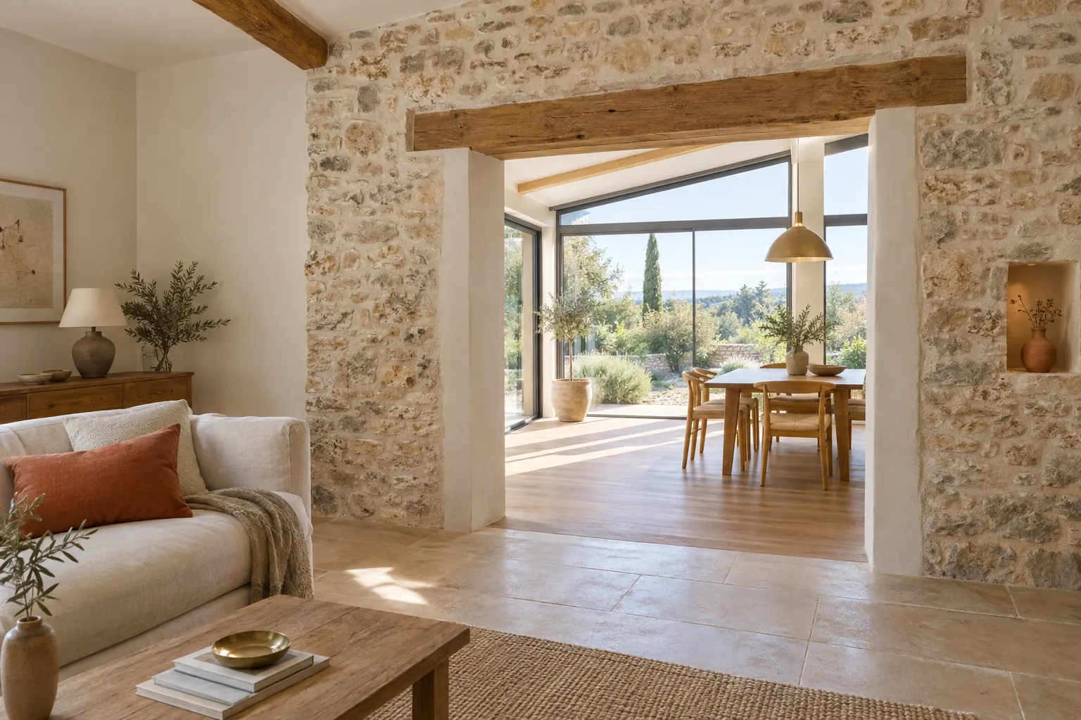 Large baie percée dans un épais mur en pierre avec linteau en chêne, ouvrant la maison ancienne sur l’extension lumineuse