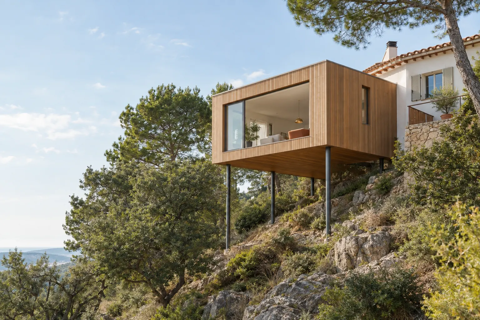 Extension en bois portée par des poteaux en acier au-dessus d’une pente rocheuse plantée de pins, accolée à une villa