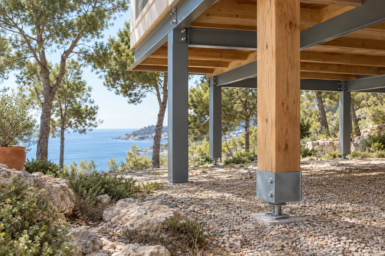 Structure en acier thermolaqué sous une extension sur pilotis, boulonnerie inox, poteau bois sur platine et mer en arrière-plan
