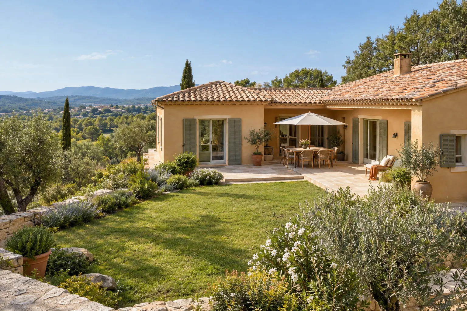 Maison de plain-pied en L, aile neuve à angle droit avec l’ancienne, terrasse dallée abritée dans l’angle avec table et parasol