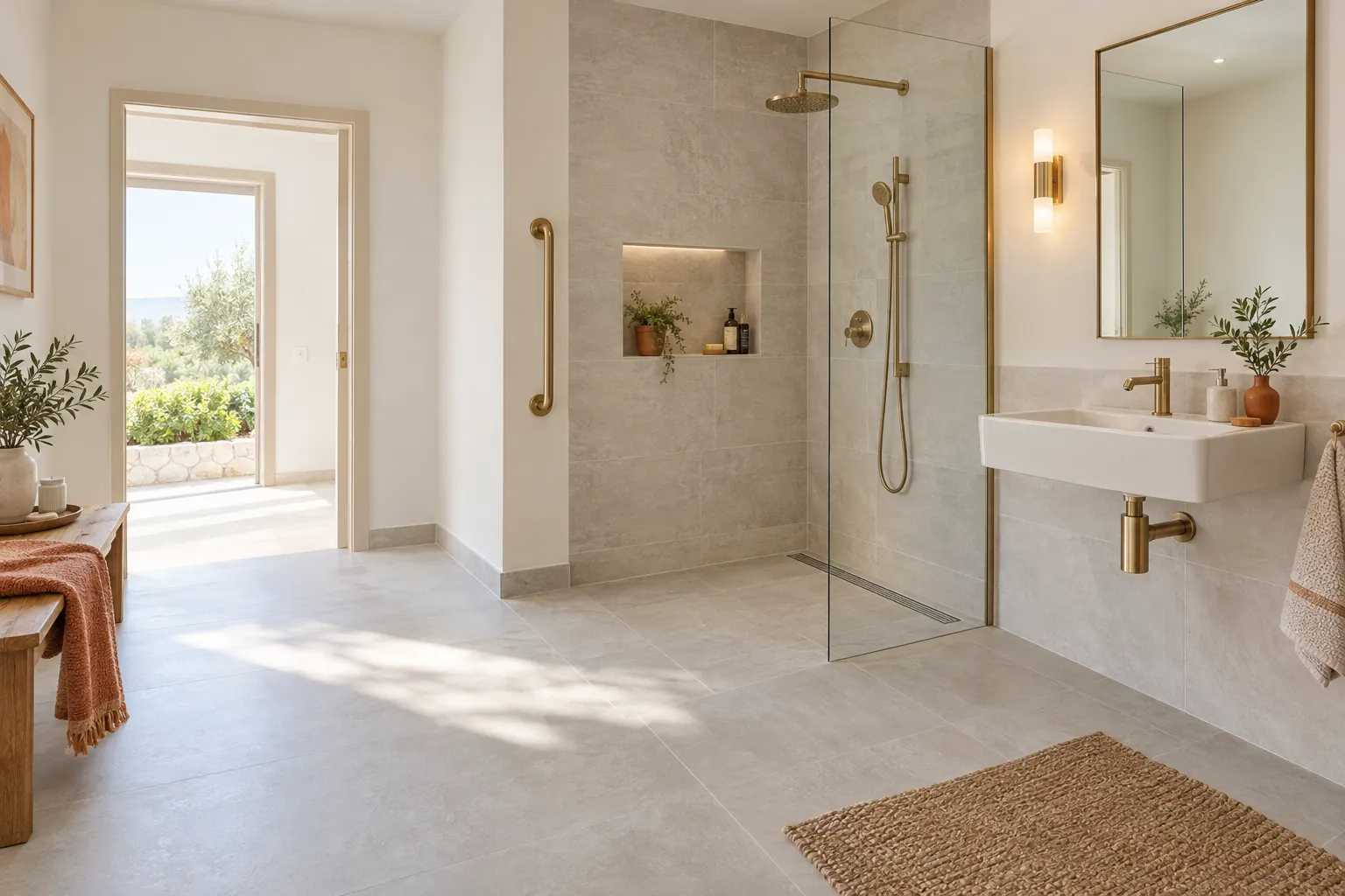 Salle d’eau accessible de plain-pied, douche sans ressaut à caniveau, carrelage antidérapant gris clair, vasque suspendue et barre d’appui