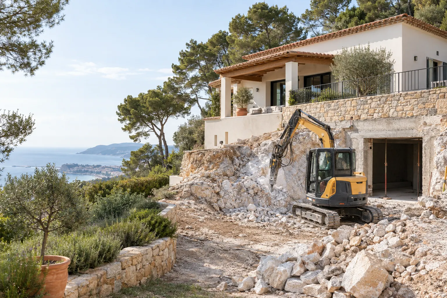 Terrassement sous une villa en pente, mini pelle avec brise-roche hydraulique dans le calcaire et ouverture dans le soubassement