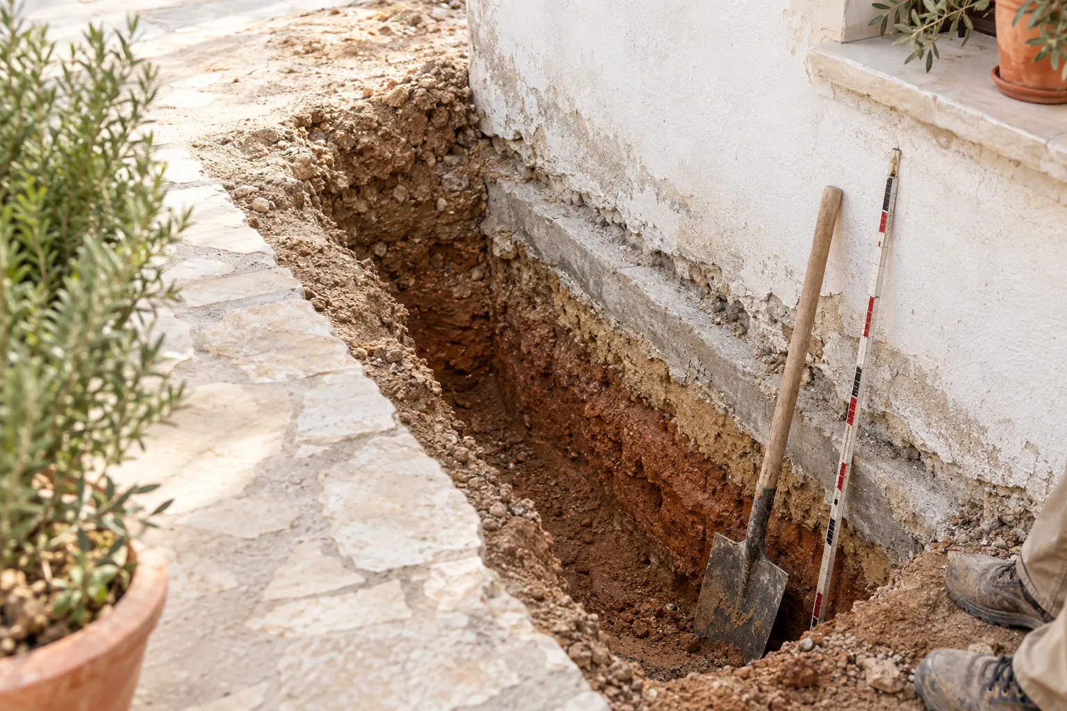 Sondage creusé au pied d’un mur de maison révélant la semelle de fondation peu profonde et les couches d’argile du sol
