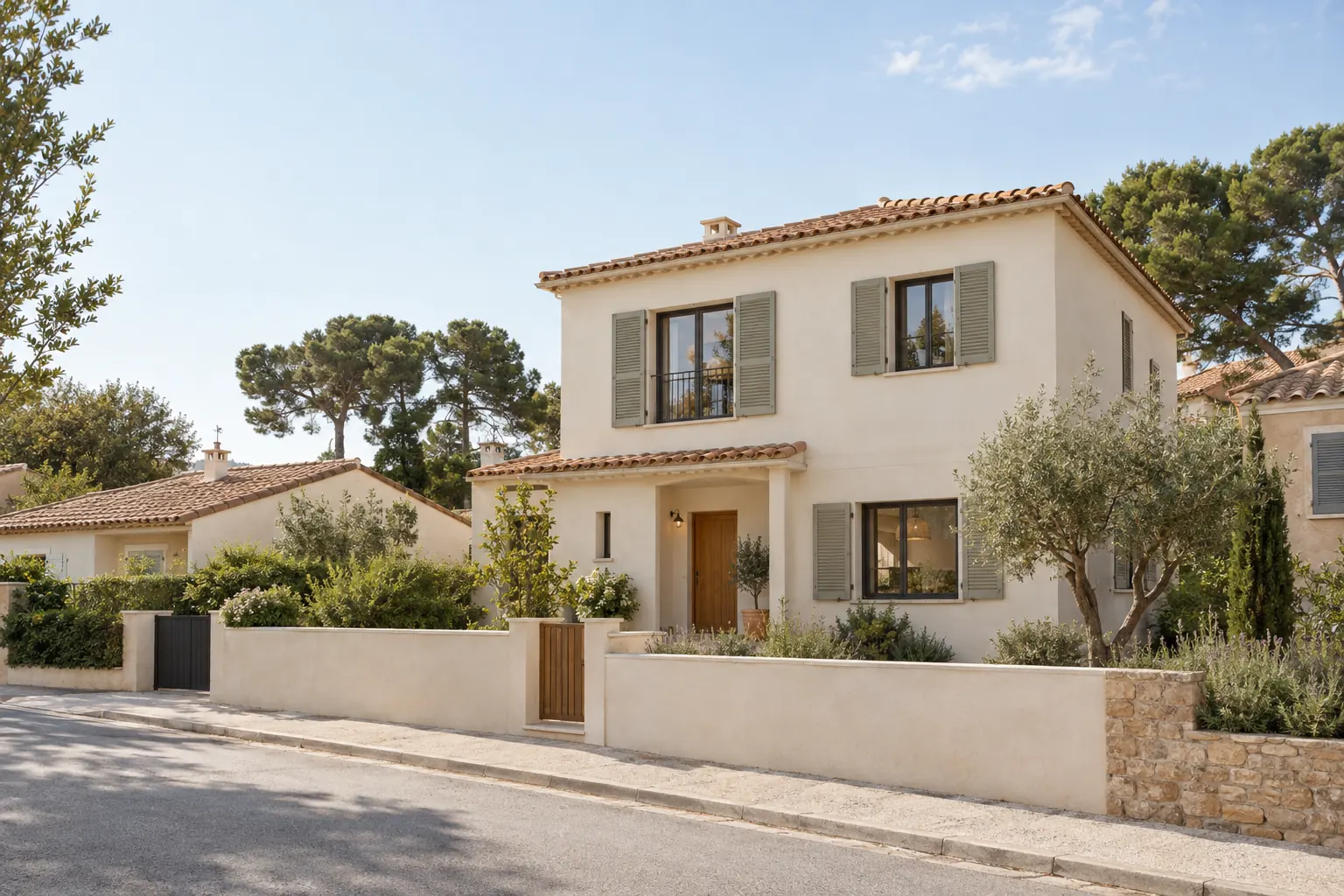 Maison varoise rehaussée d’un étage en enduit crème, toiture en tuile canal de même pente que les maisons voisines
