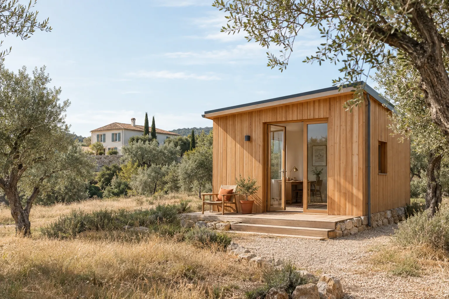 Petit studio de jardin en bois au fond d’un jardin varois, bardage mélèze et toit à un pan, maison en arrière-plan