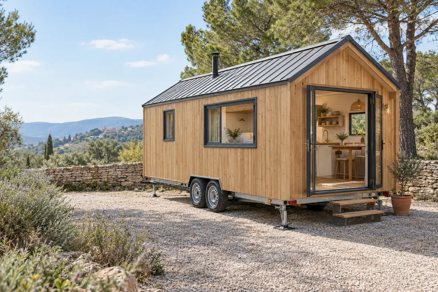 Tiny house sur remorque à roues stationnée sur une aire gravillonnée, bardage bois, roues et béquilles visibles, muret en pierre sèche