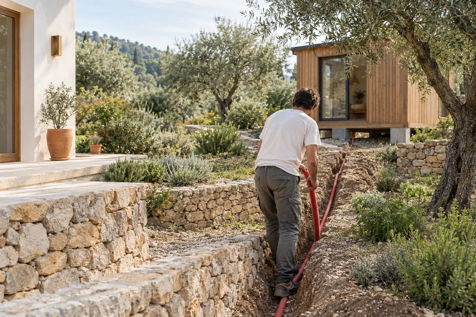 Ouvrier de dos posant une gaine électrique rouge dans une tranchée reliant la maison à un studio de jardin sur plots