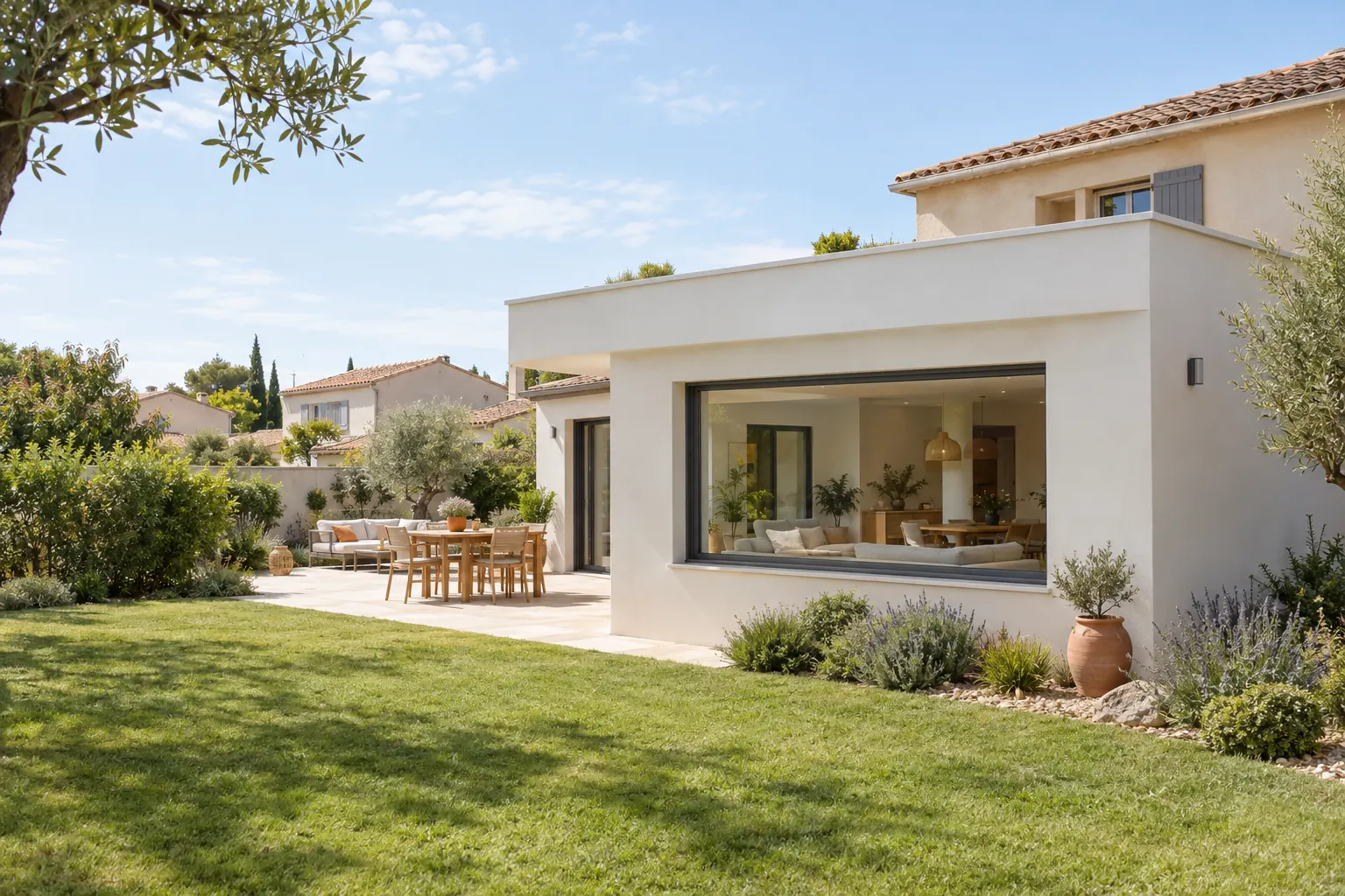 Extension cubique à toit plat en enduit blanc accolée à une villa en tuile canal, acrotère discret et baie aluminium gris