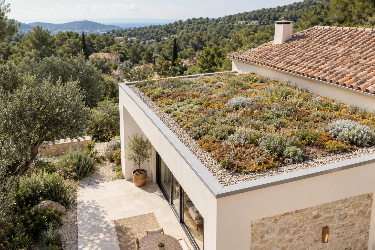 Toiture végétalisée extensive plantée de sédums sur une extension à toit plat, bande de gravier en rive et toiture voisine en tuile canal