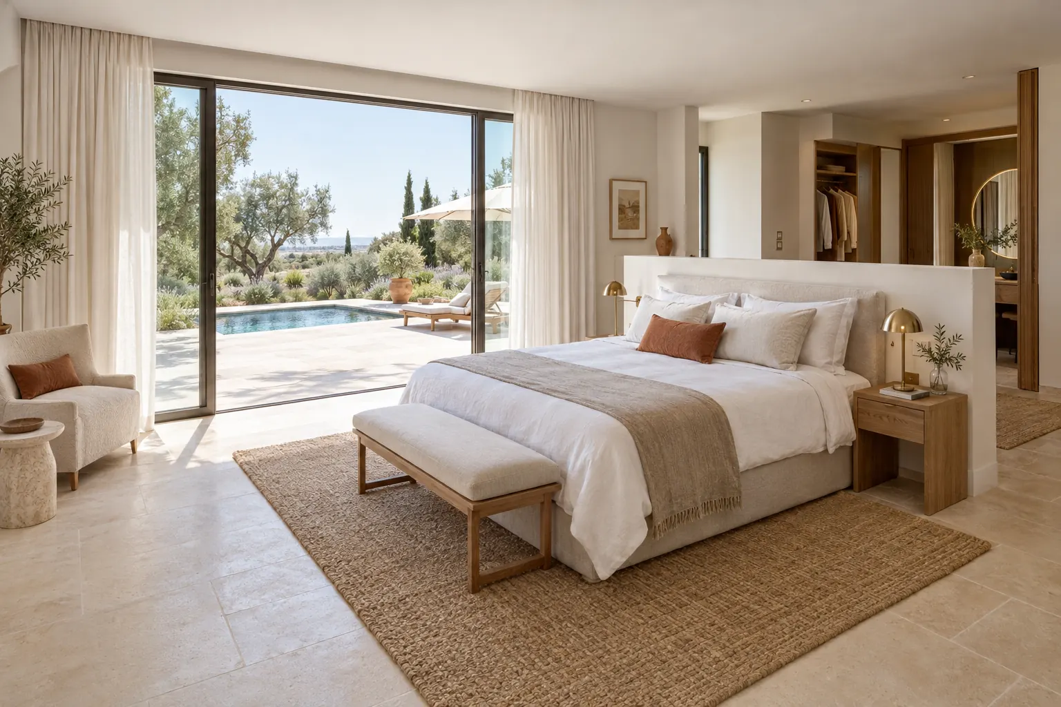 Suite parentale de plain-pied, lit face aux grandes portes vitrées ouvertes sur la terrasse de la piscine, sol en pierre claire
