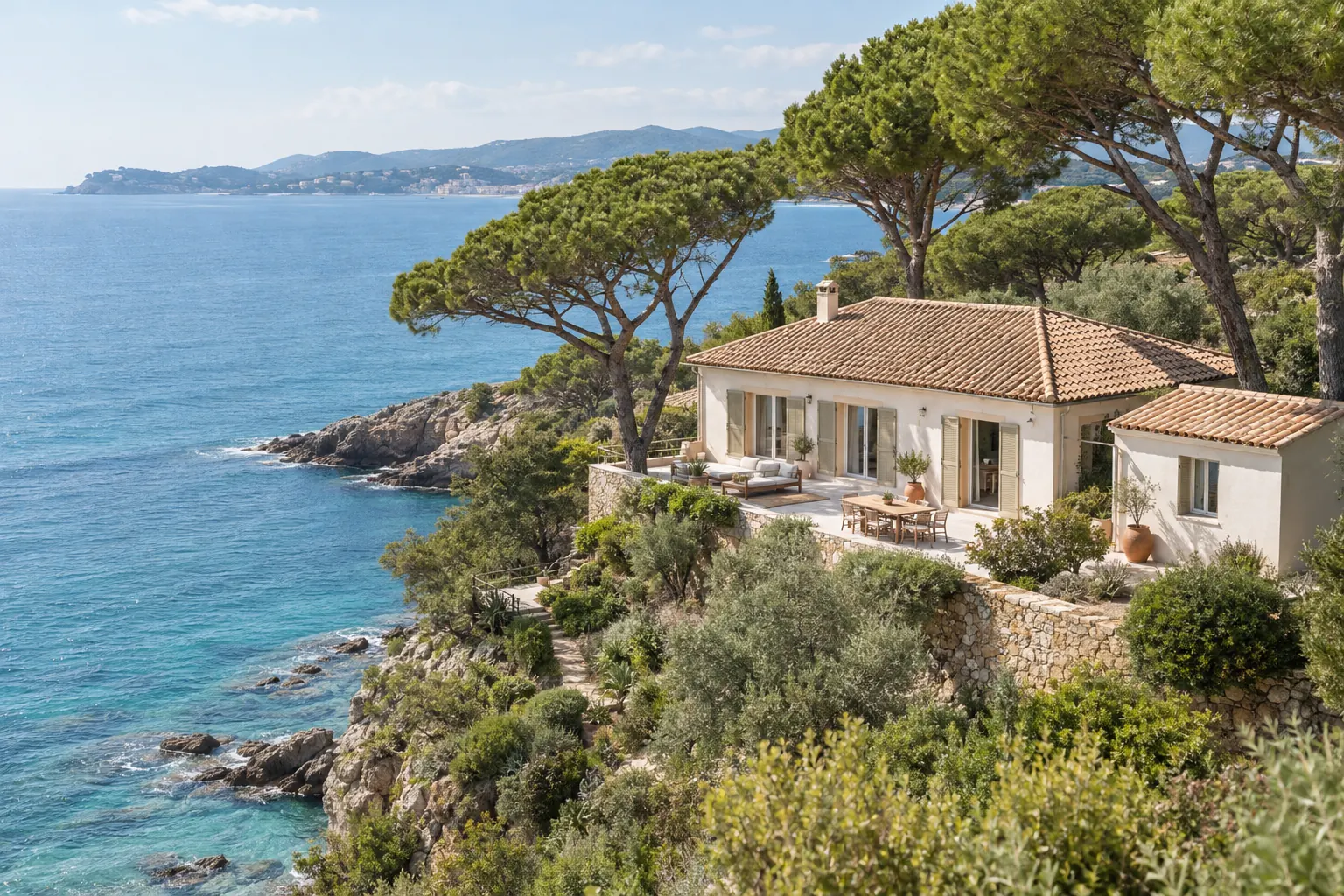 Villa à flanc de colline sur la côte varoise, entre les pins parasols, avec une extension discrète au-dessus du rivage rocheux